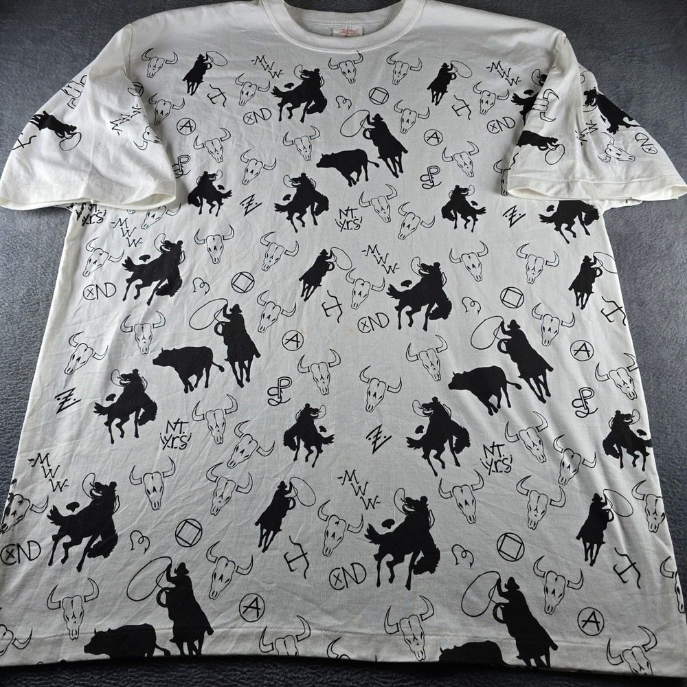 Vintage All Over Print Rodeo Western T-Shirt White Black XL Made in Canada
